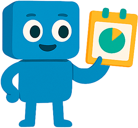 A blue robot is holding a calendar with a pie chart on it