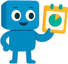 A blue robot is holding a calendar with a pie chart on it
