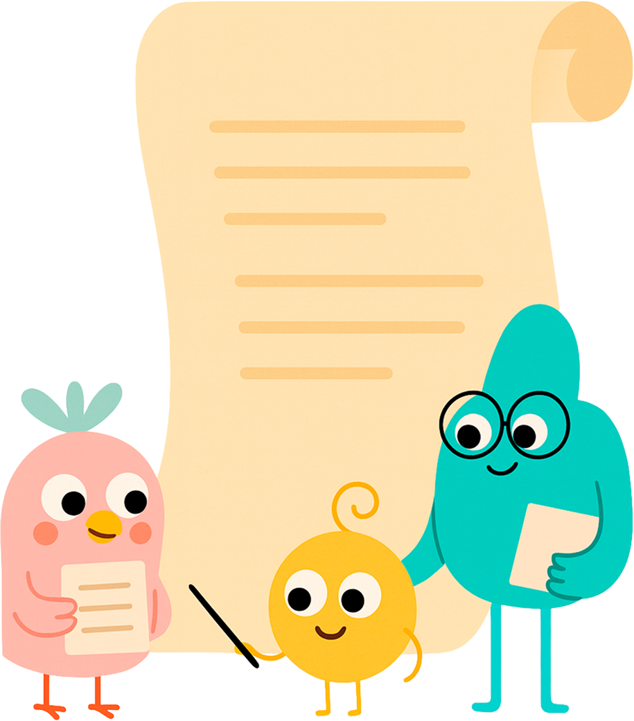 Three cartoon characters are standing next to a large piece of paper.