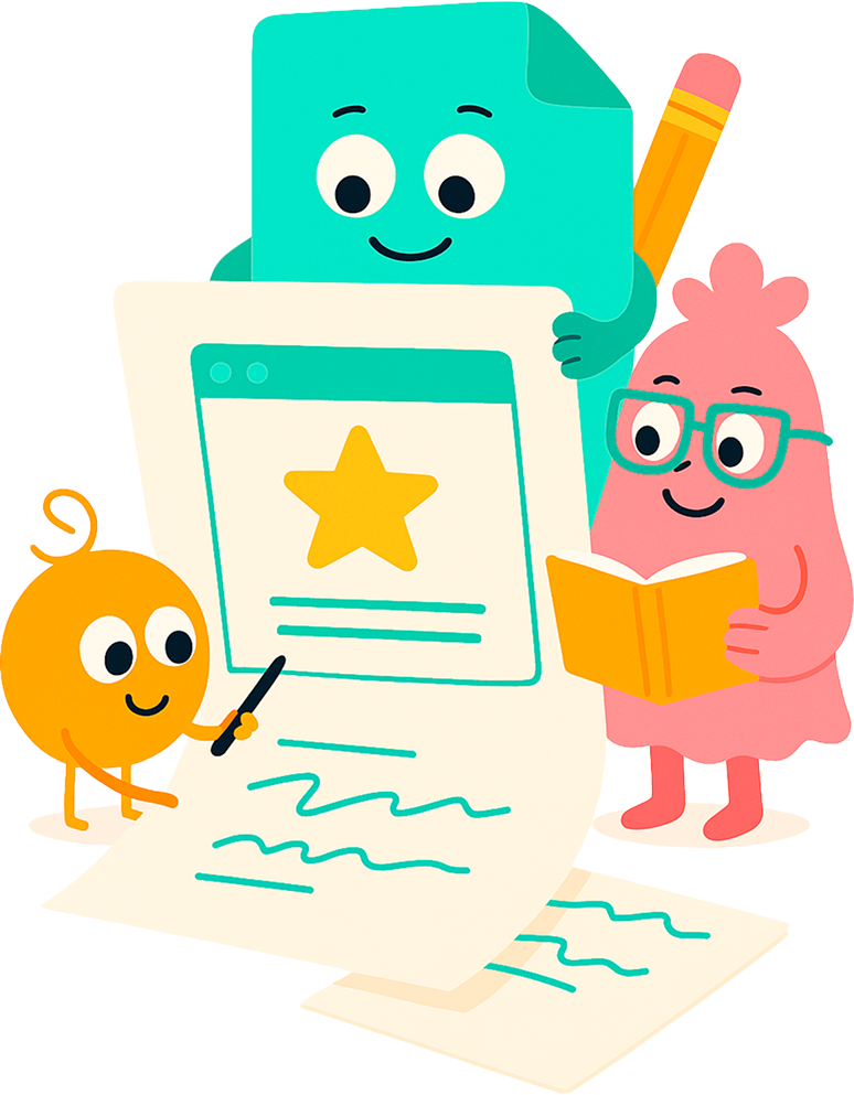 A group of cartoon characters are writing on a piece of paper.