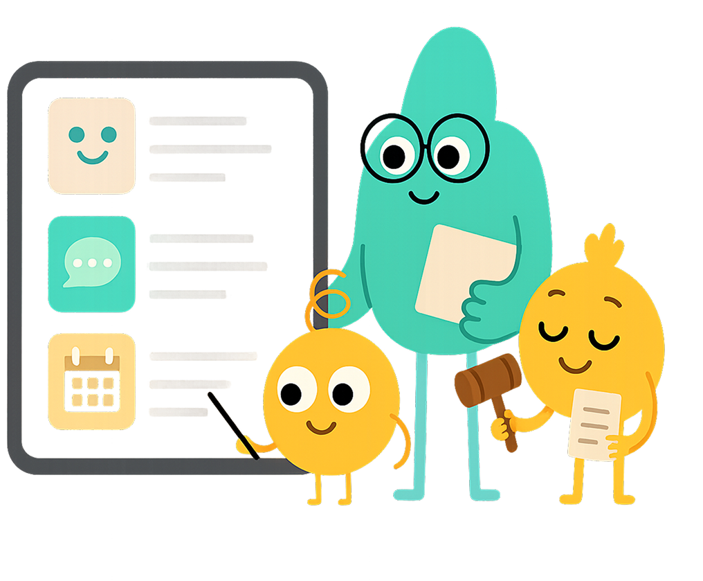 A group of cartoon characters are standing next to each other in front of a tablet.