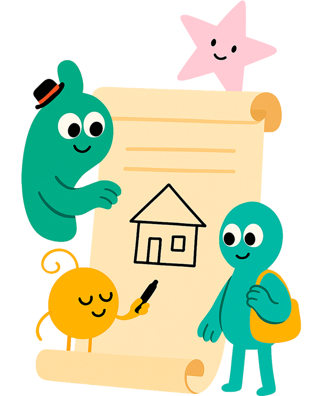 A group of cartoon characters are standing around a piece of paper with a house drawn on it.