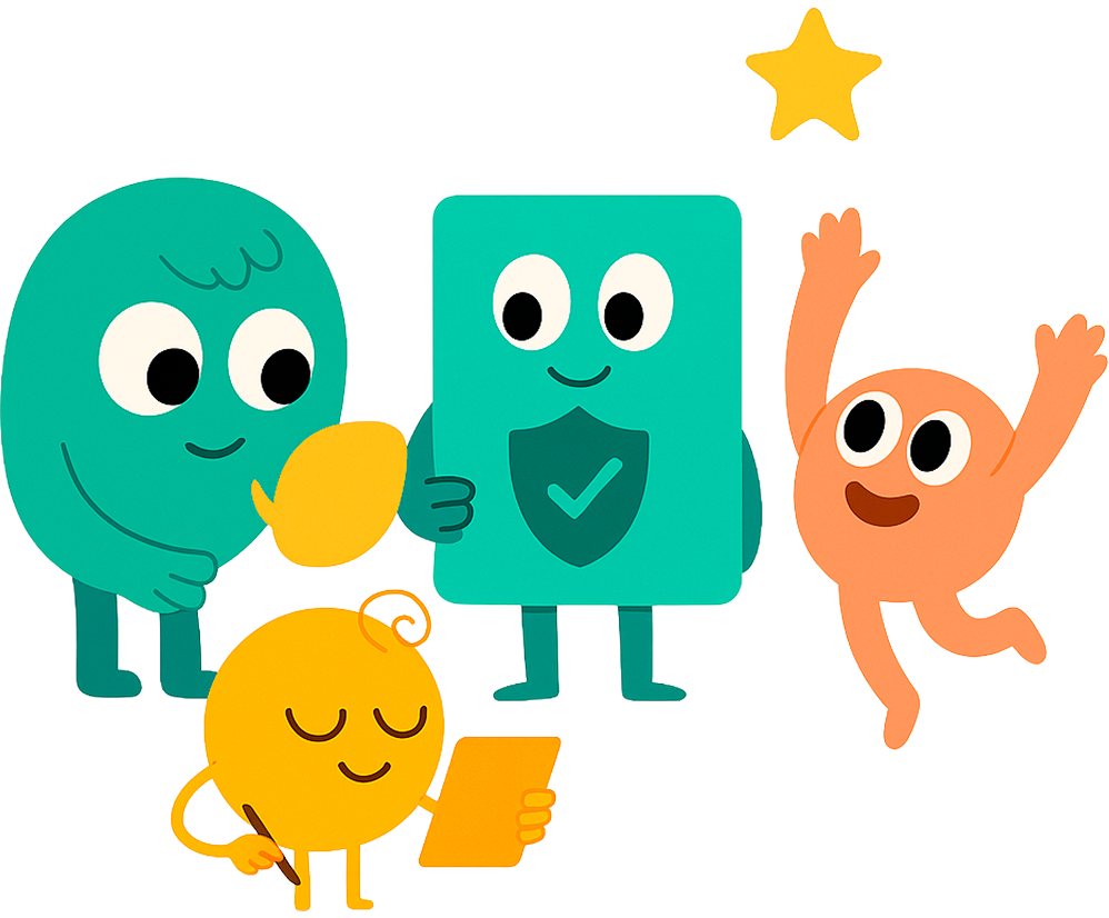 A group of cartoon characters are standing next to each other.