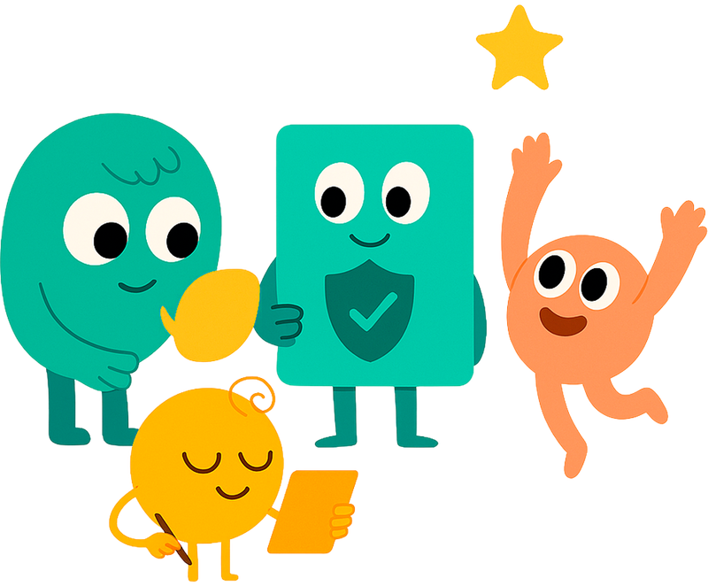 A group of cartoon characters are standing next to each other.