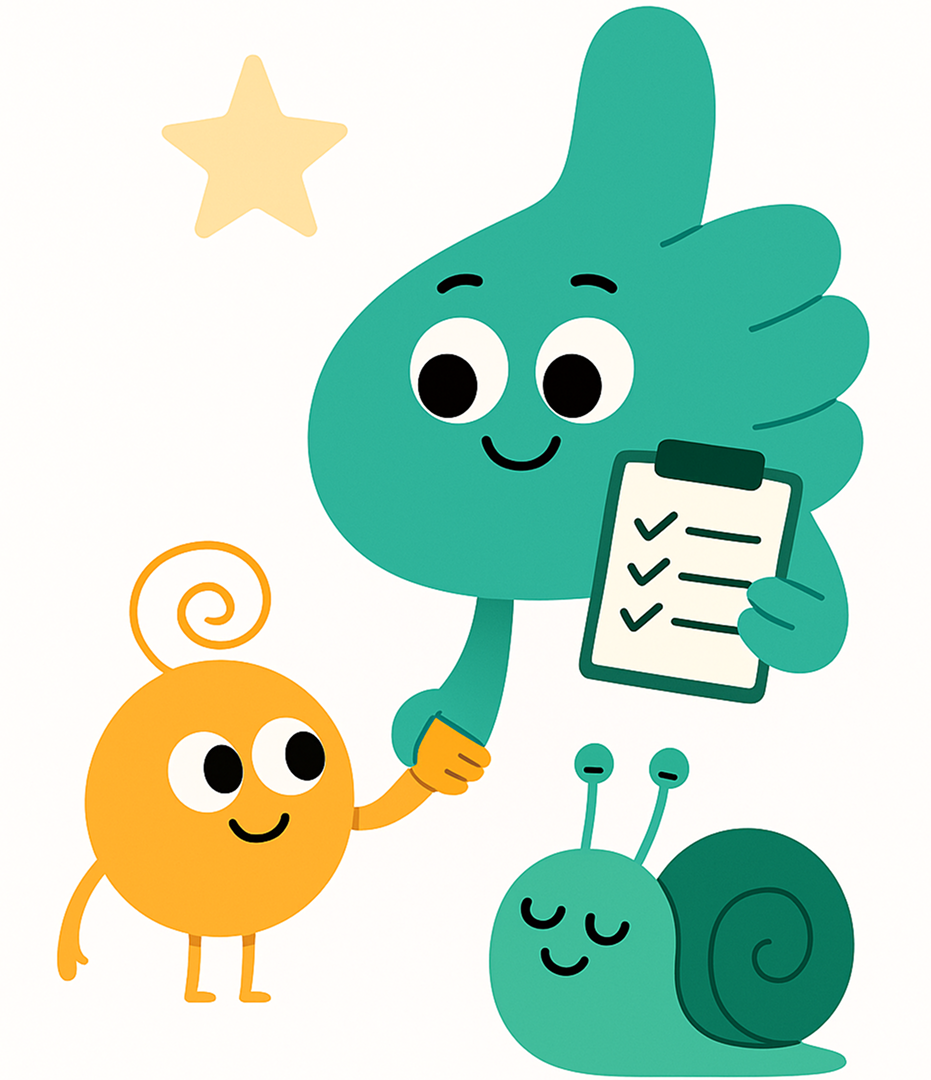 A cartoon character is shaking hands with a snail and holding a clipboard.