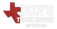 Logo for Jake's Truck Repair of Texas featuring a red map of Texas and white text on a black background.