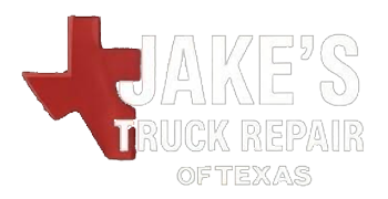 Logo for Jake's Truck Repair of Texas featuring a red map of Texas and white text on a black background.