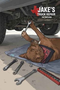 A brown dog with a red bandana lies on its back under a truck, holding a wrench up to the vehicle's undercarriage.