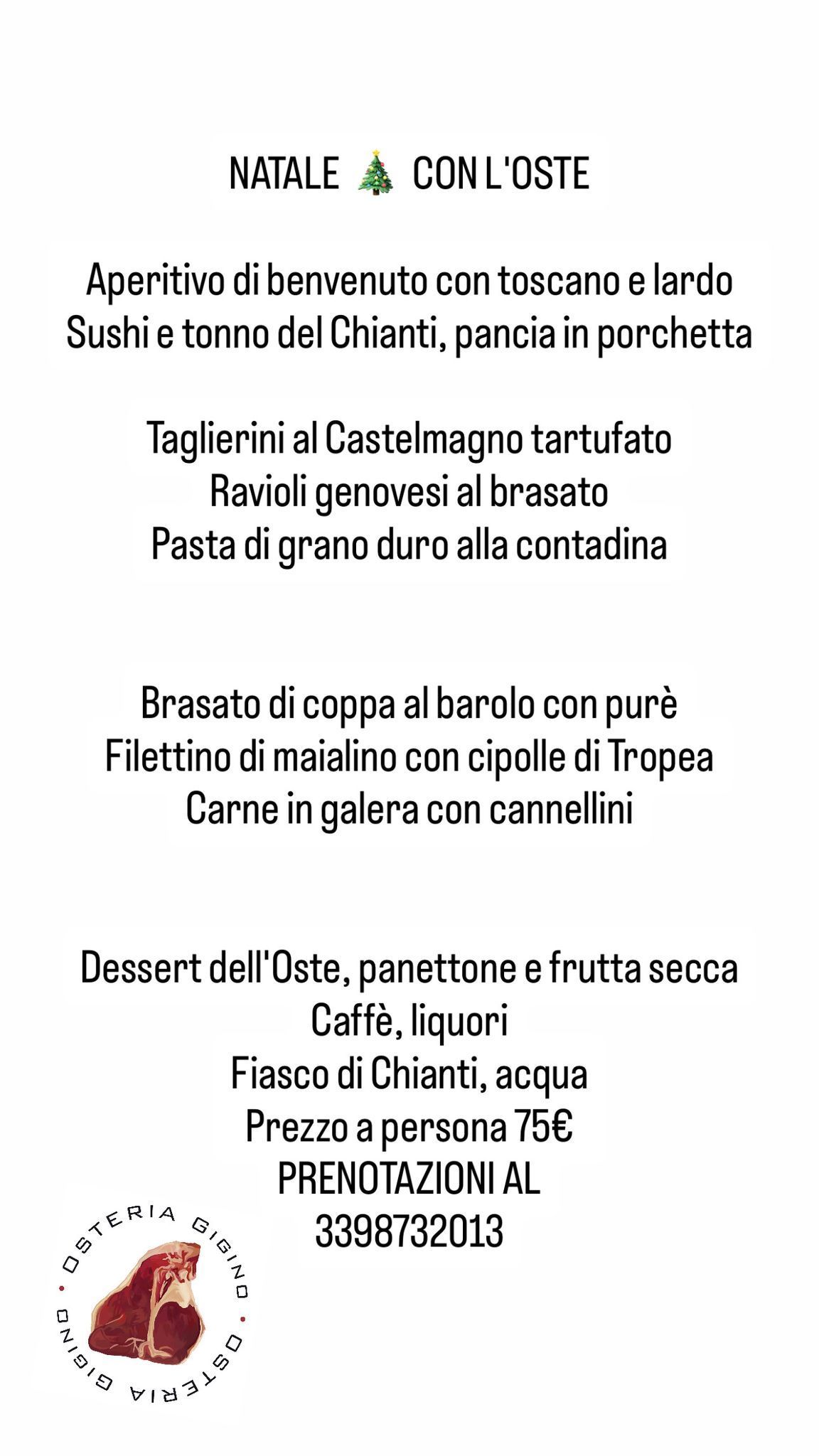 Menù di Natale con piatti e prezzi italiani.