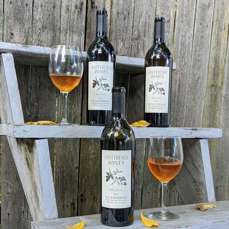 anthesis orange wines falanghina picpoul blanc bottles and glasses