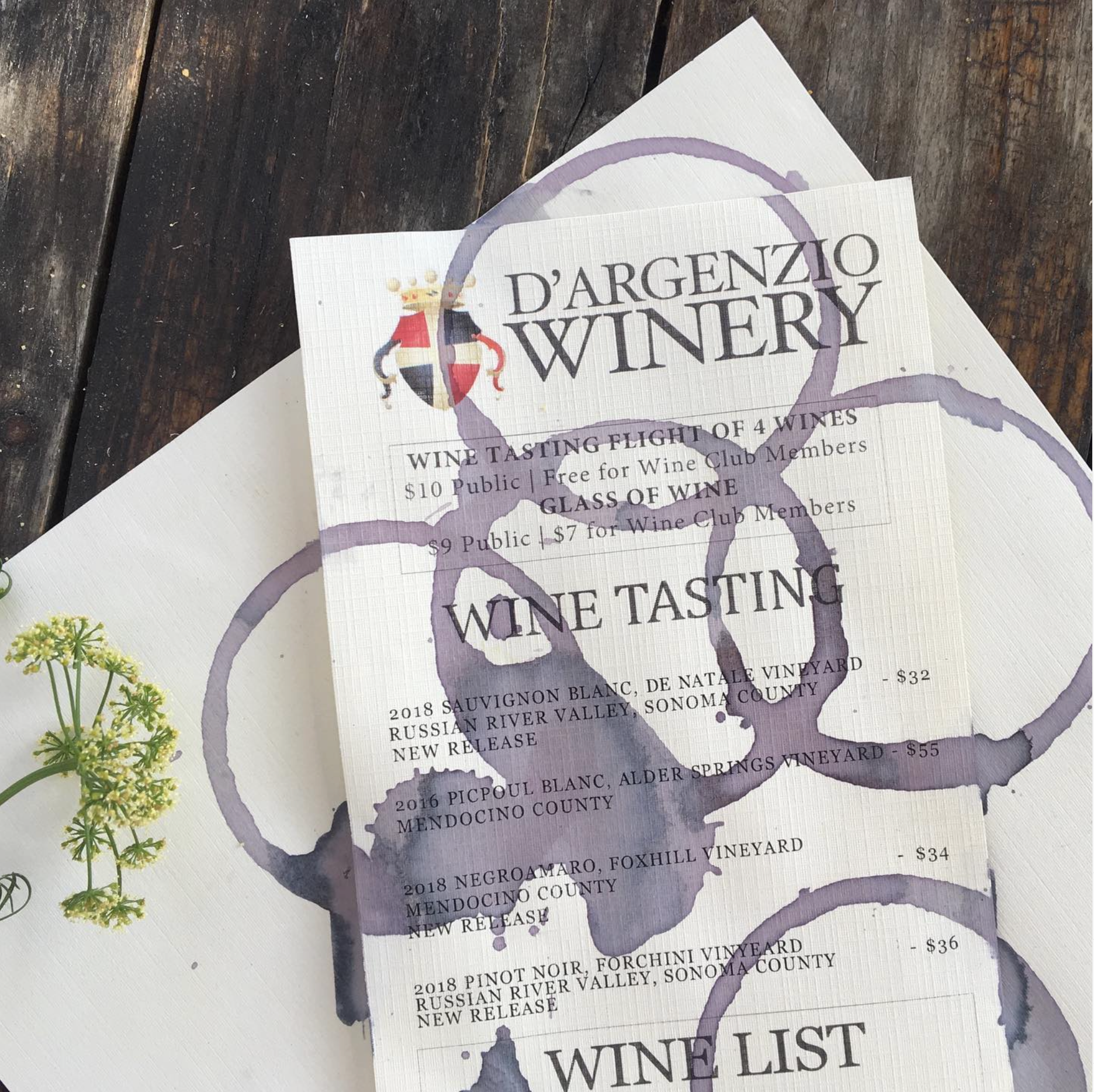 d'argenzio winery wine tastings menu