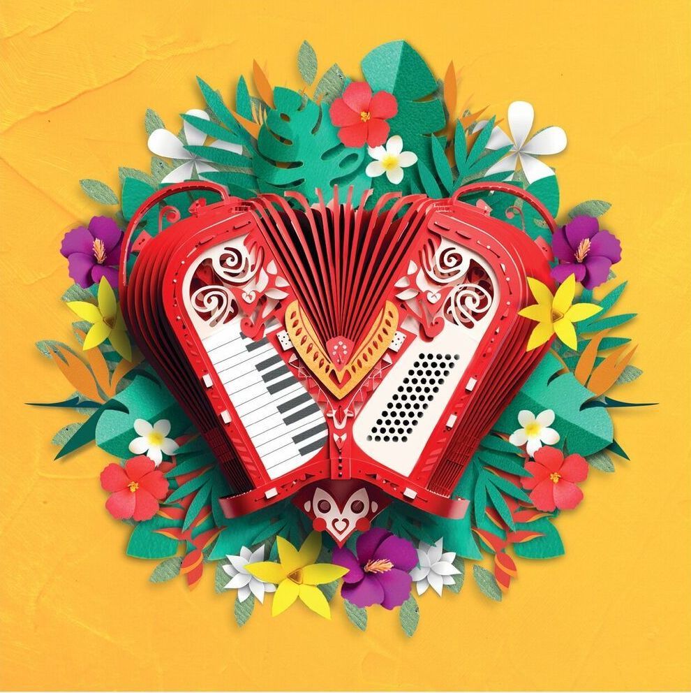 Un acordeón rojo está rodeado de flores y hojas sobre un fondo amarillo.