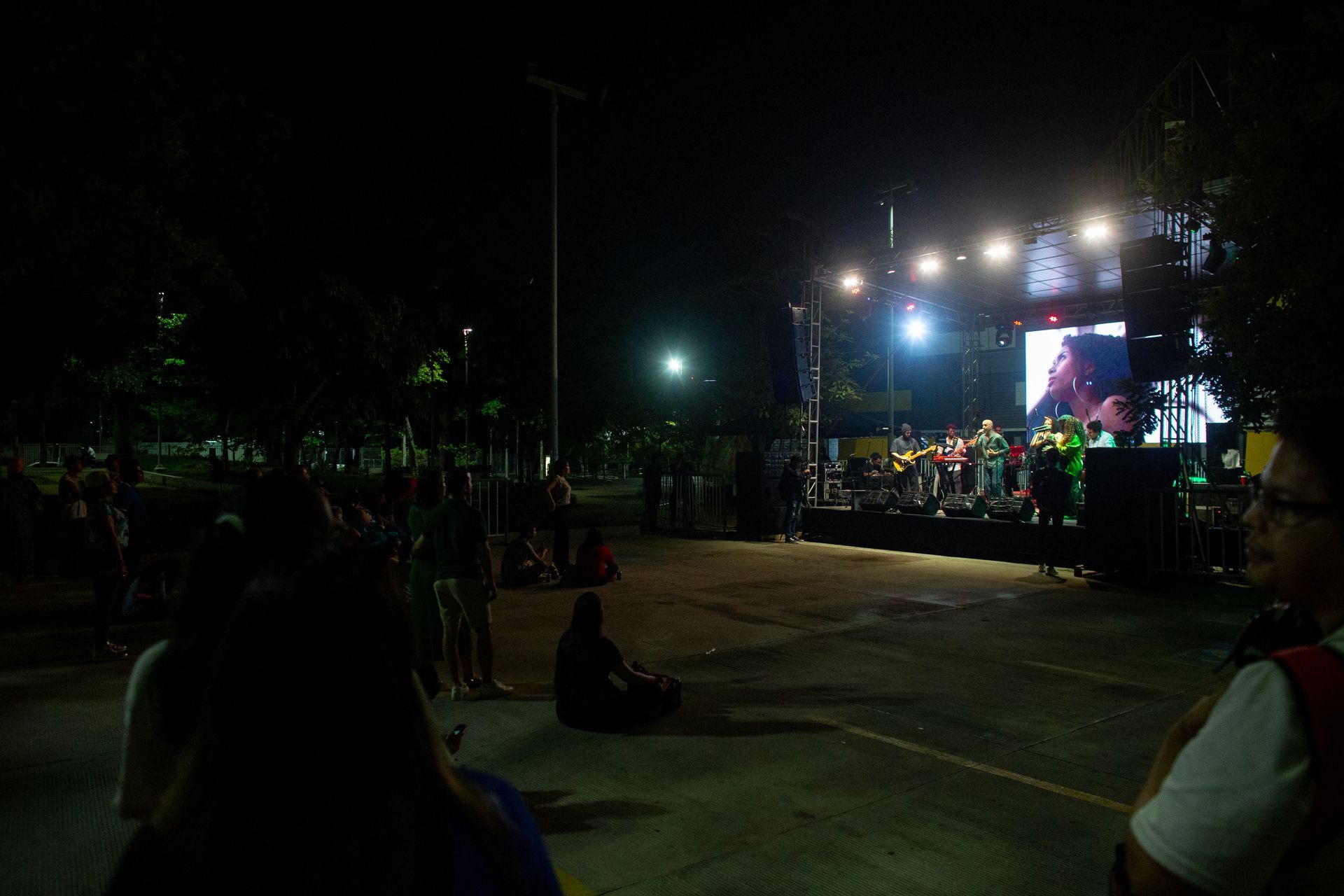 Un grupo de personas está viendo un concierto en un parque por la noche.