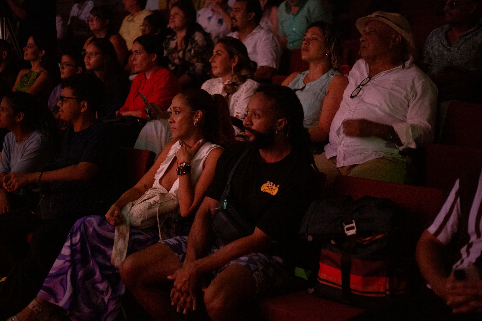 Un grupo de personas está sentada en un teatro viendo un espectáculo.