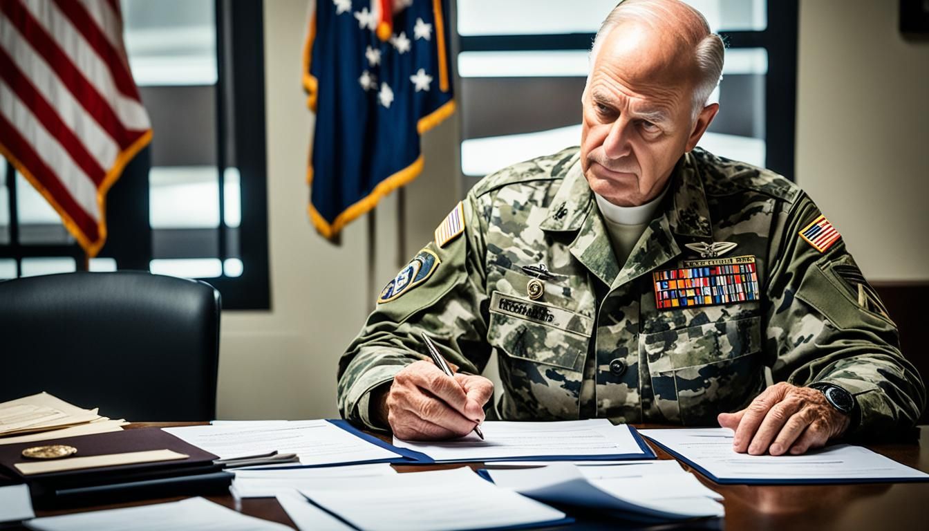 A man in a military uniform is sitting at a desk writing on a piece of paper.