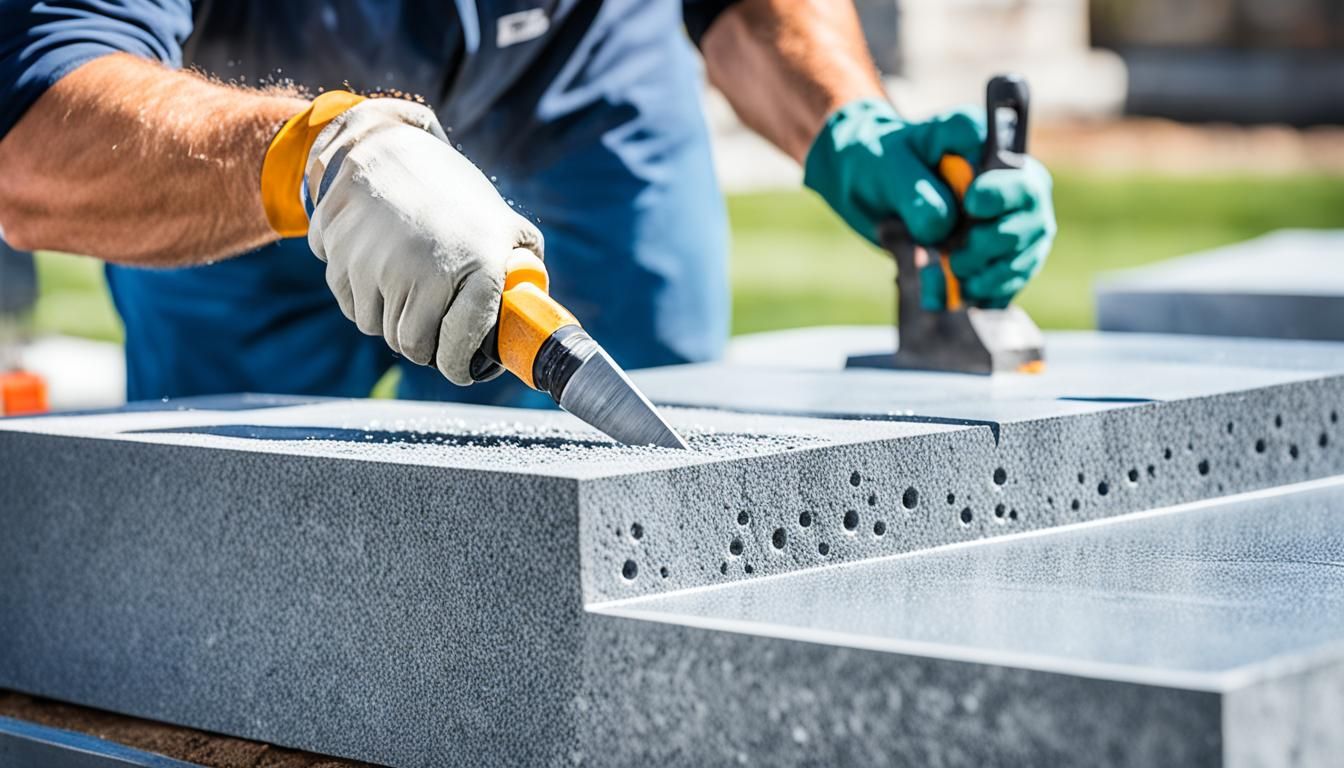 A man with an engraving tool working on a headstone.