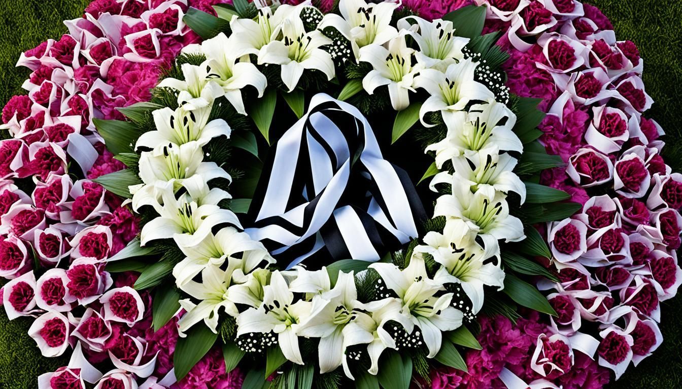 A wreath of pink and white flowers with a black ribbon in the middle