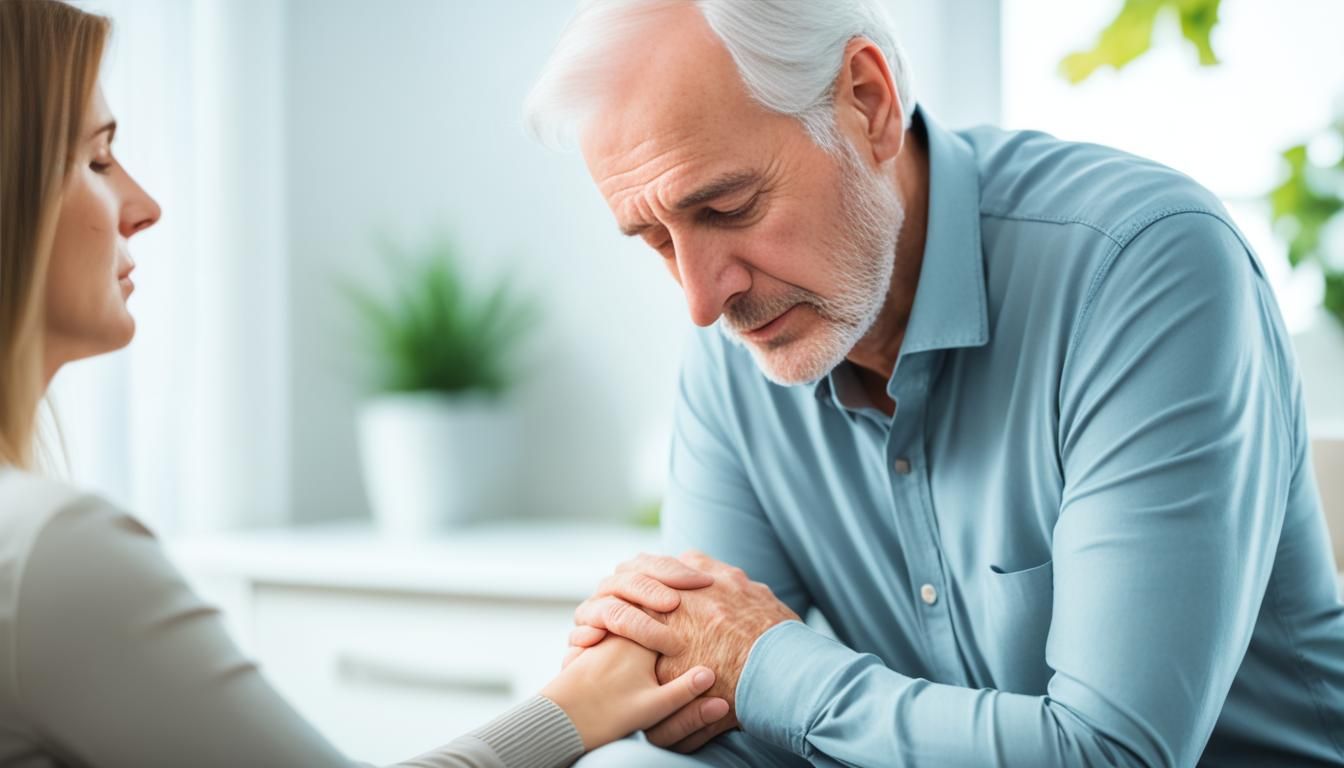 A man and a woman are holding hands and talking to each other.