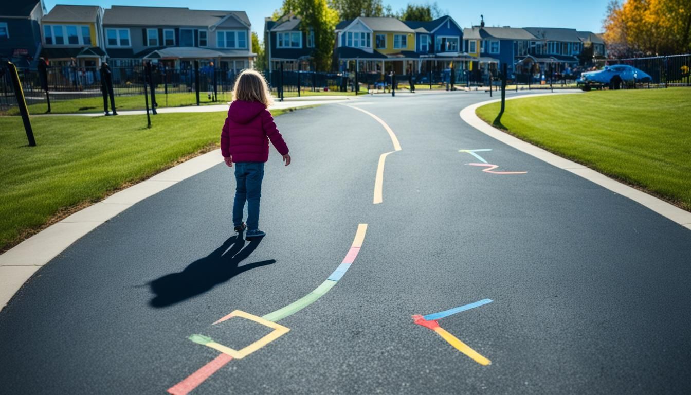 A little girl is walking down a street painted with rainbow colors.