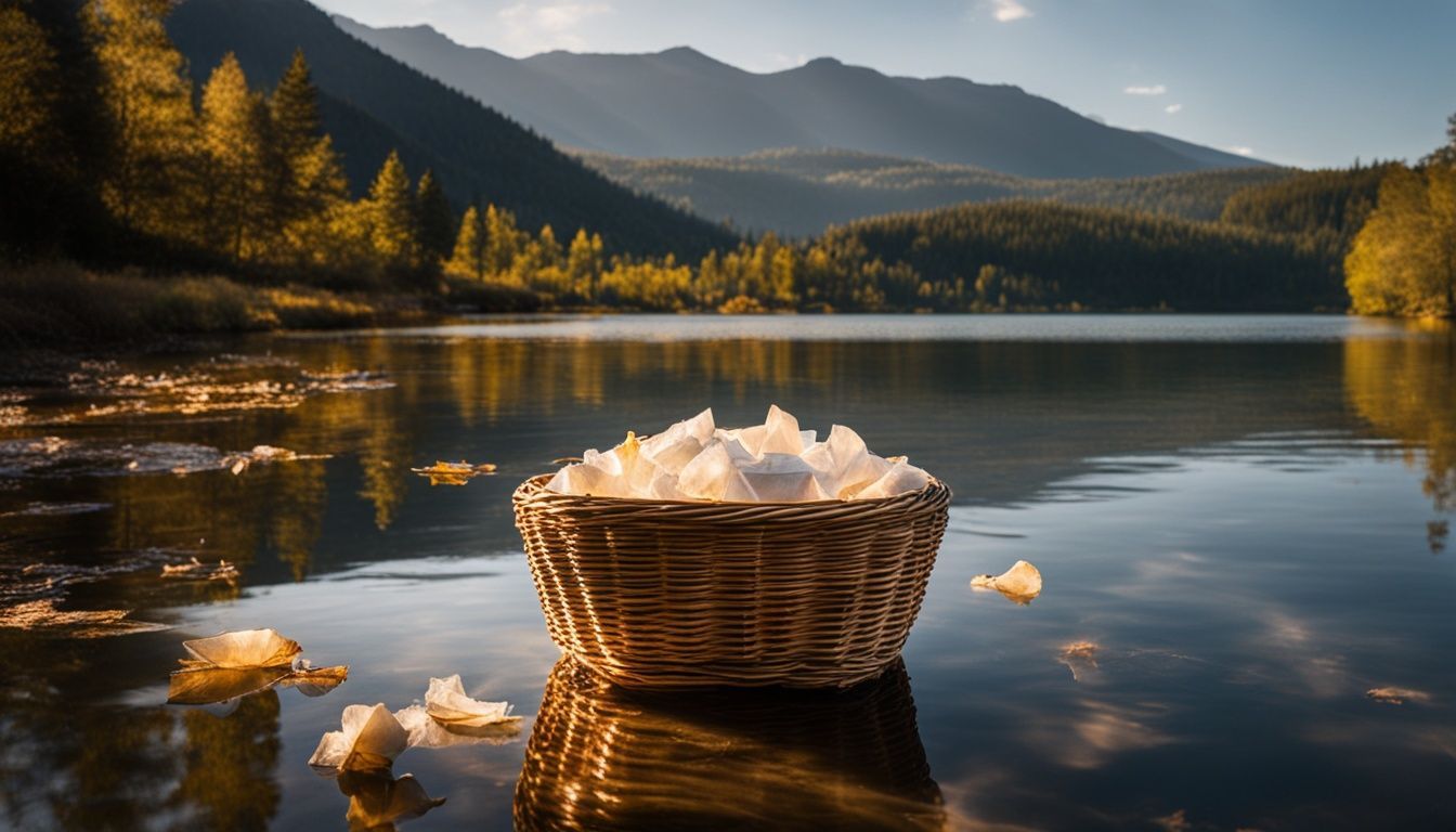 A wicker basket filled with tissues is sitting on the shore of a lake.