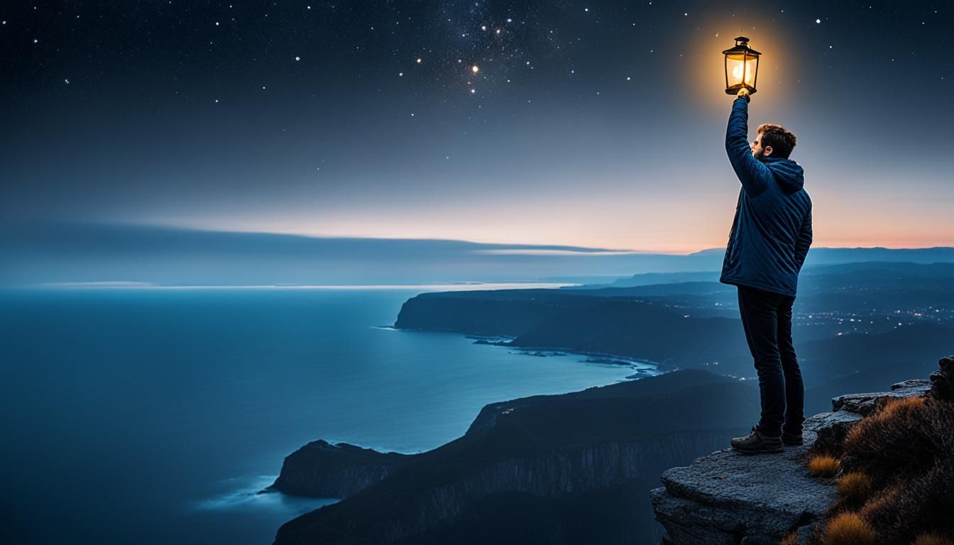 A man is standing on top of a mountain holding a lantern.