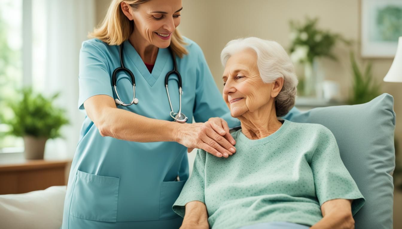 A nurse is putting her hand on an elderly woman 's shoulder.