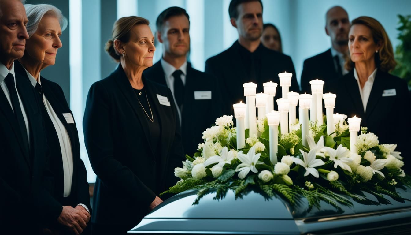 A group of people are standing around a coffin at a funeral.