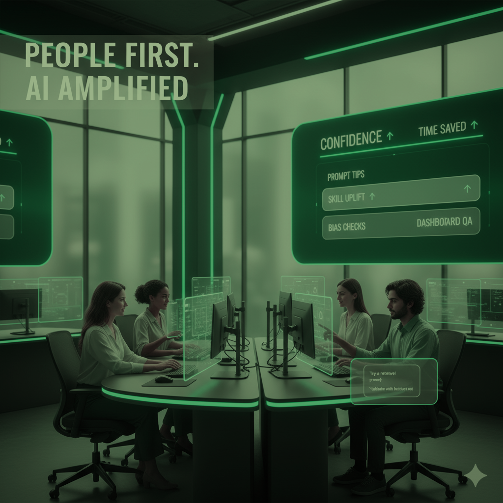 A group of people are sitting at desks in a room with a futuristic screen behind them.