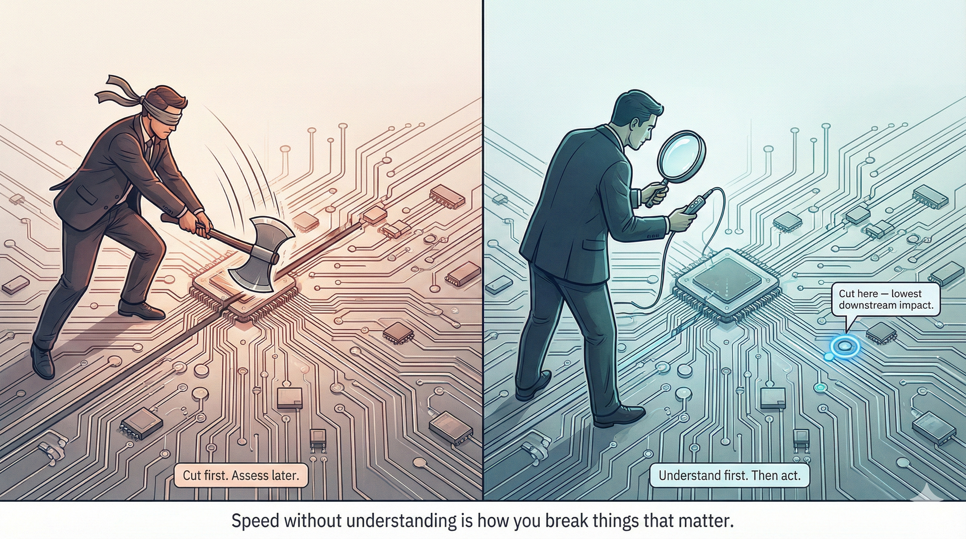 Two men on circuit board, one blindfolded with ax, the other with magnifying glass. Text: 