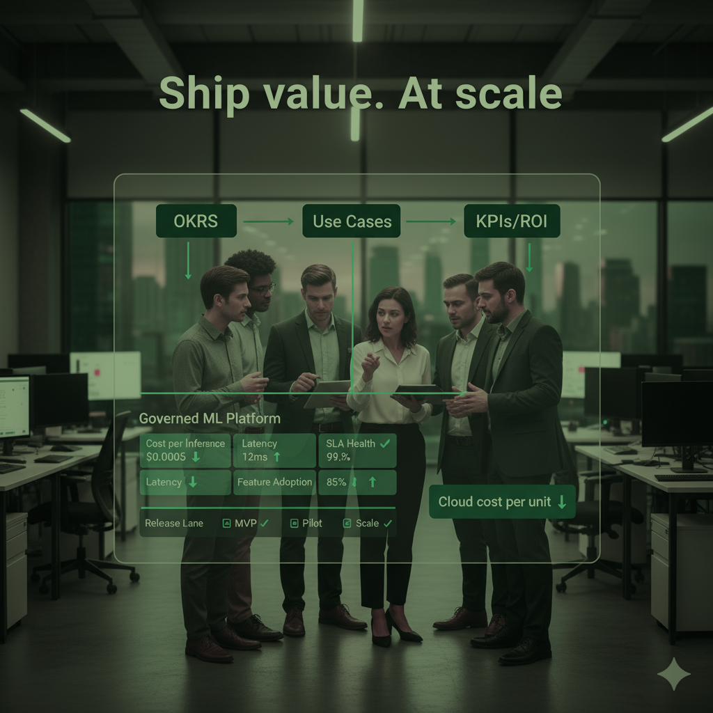 A group of people are sitting at tables in front of a large screen that says high tech scalable innovation.