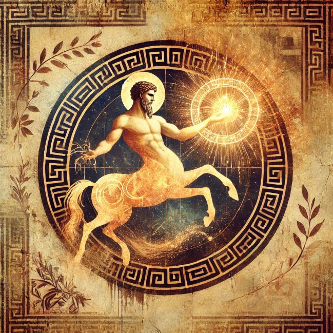 A centaur is standing on a rock holding a trident and shield.