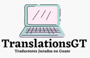Un logotipo para traducciones gt con una computadora portátil encima.