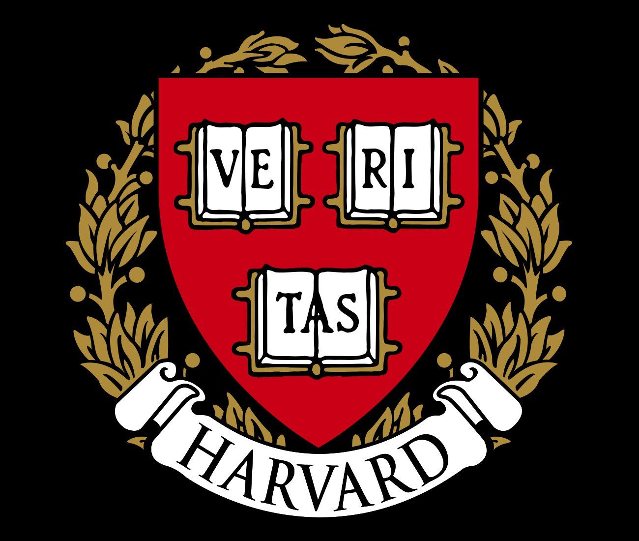 Harvard University shield with three open books, laurel wreath, and banner.