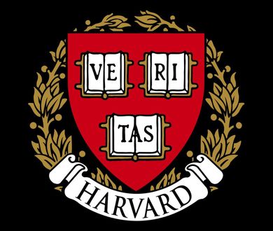 Harvard University shield with three open books, laurel wreath, and banner.