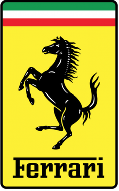Ferrari logo: Black prancing horse on yellow background with Italian flag at the top.