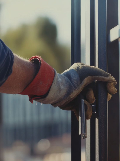 Gloved hand holding a black metal gate handle. Red cuff visible. Outdoor setting, soft focus.