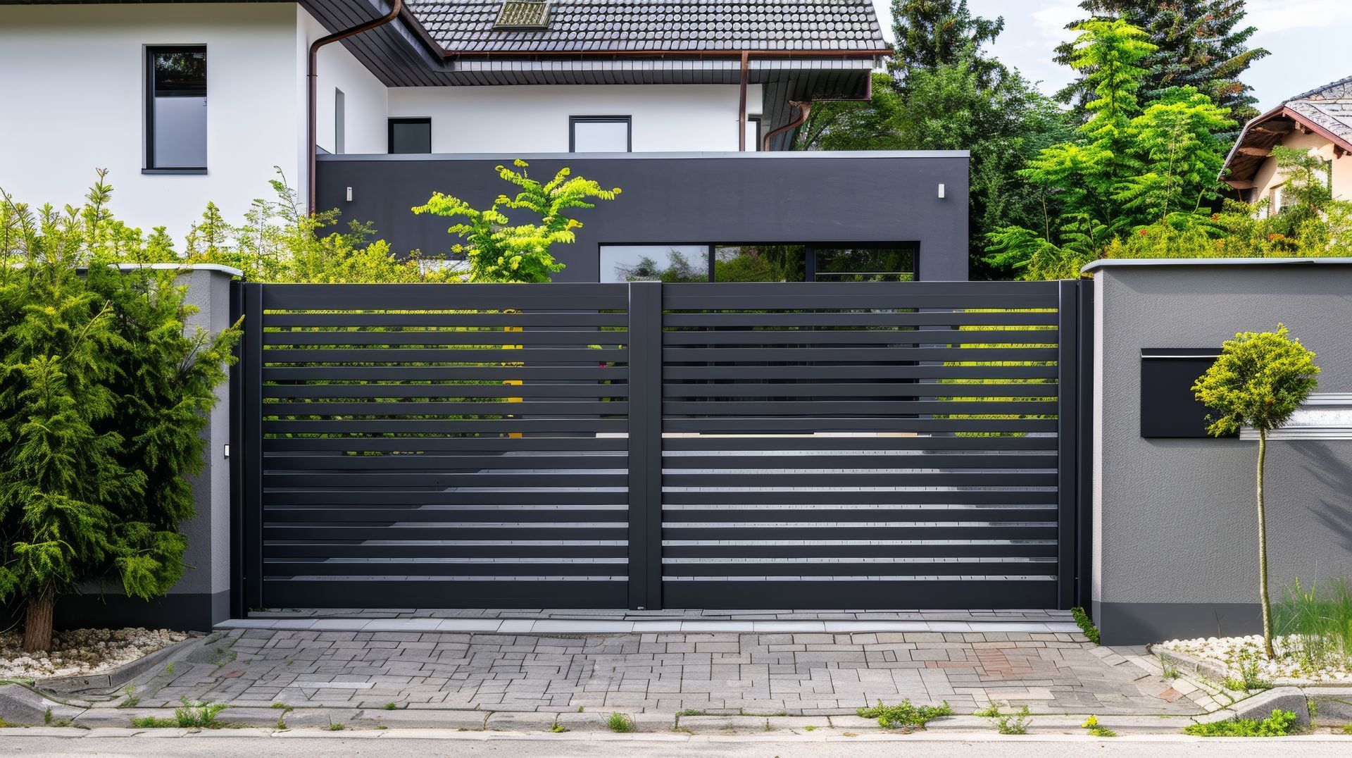 Black, horizontal slat driveway gates with adjacent gray walls and house in background.