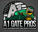 Logo for A1 Gate Pros: a welder, American flag, gate, and text "A1 GATE PROS, GATE AUTOMATION AND ENTRY SYSTEMS".