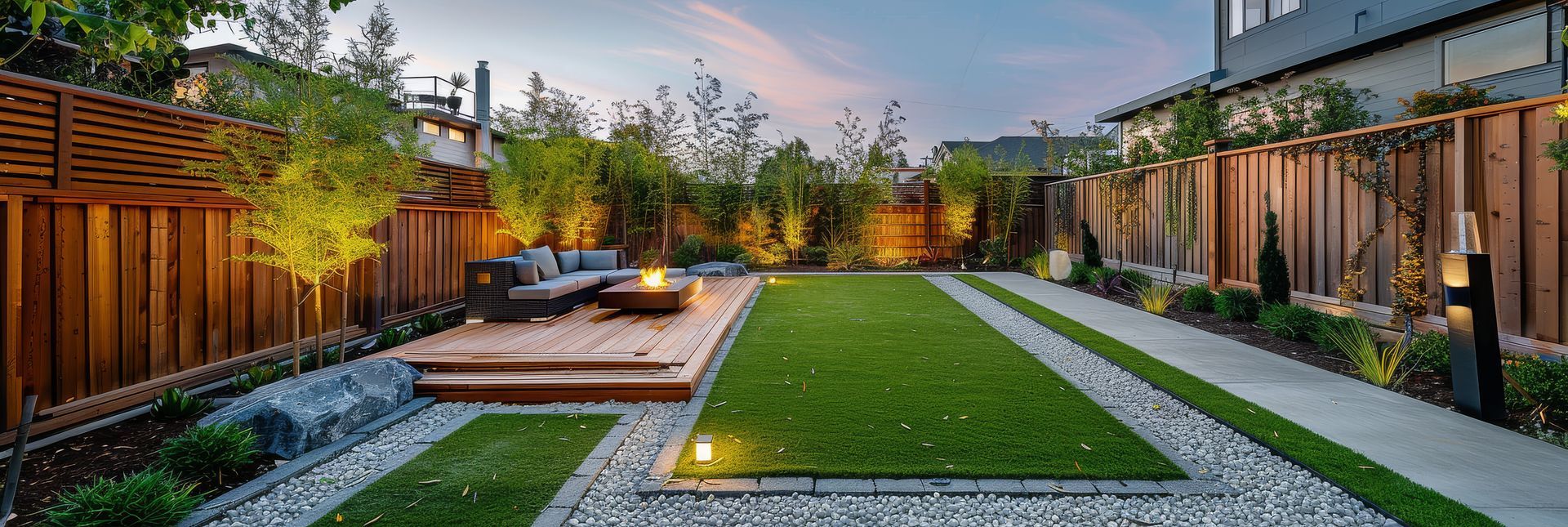 A large lush green backyard with a wooden fence and a fire pit.