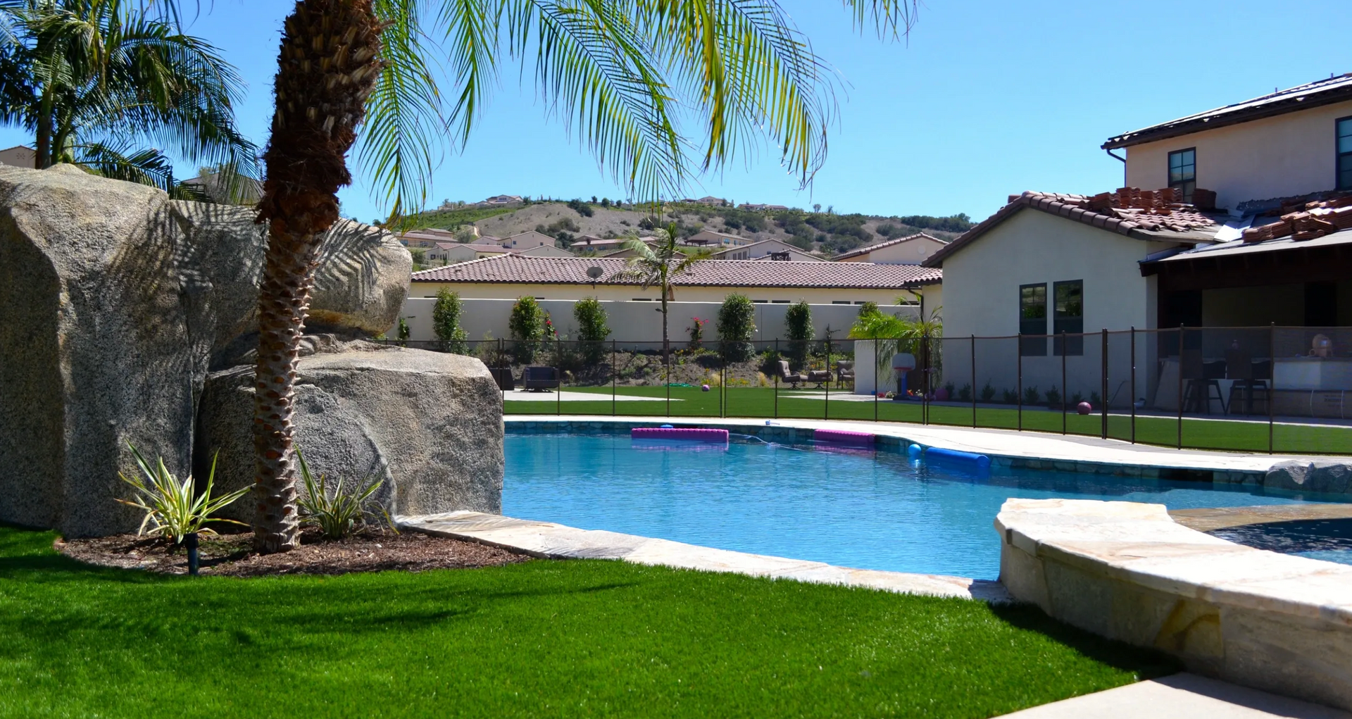A large swimming pool with a palm tree in the foreground