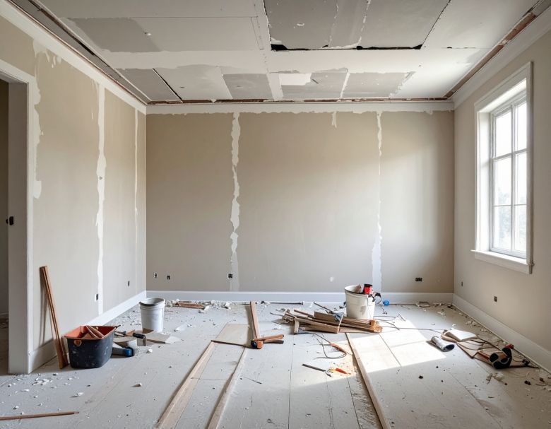 Room under construction with exposed drywall and debris on the floor.