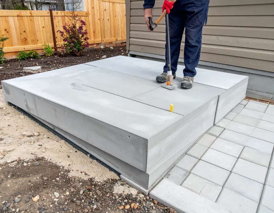 Person using a tool to level concrete slabs for a patio near a wooden fence.