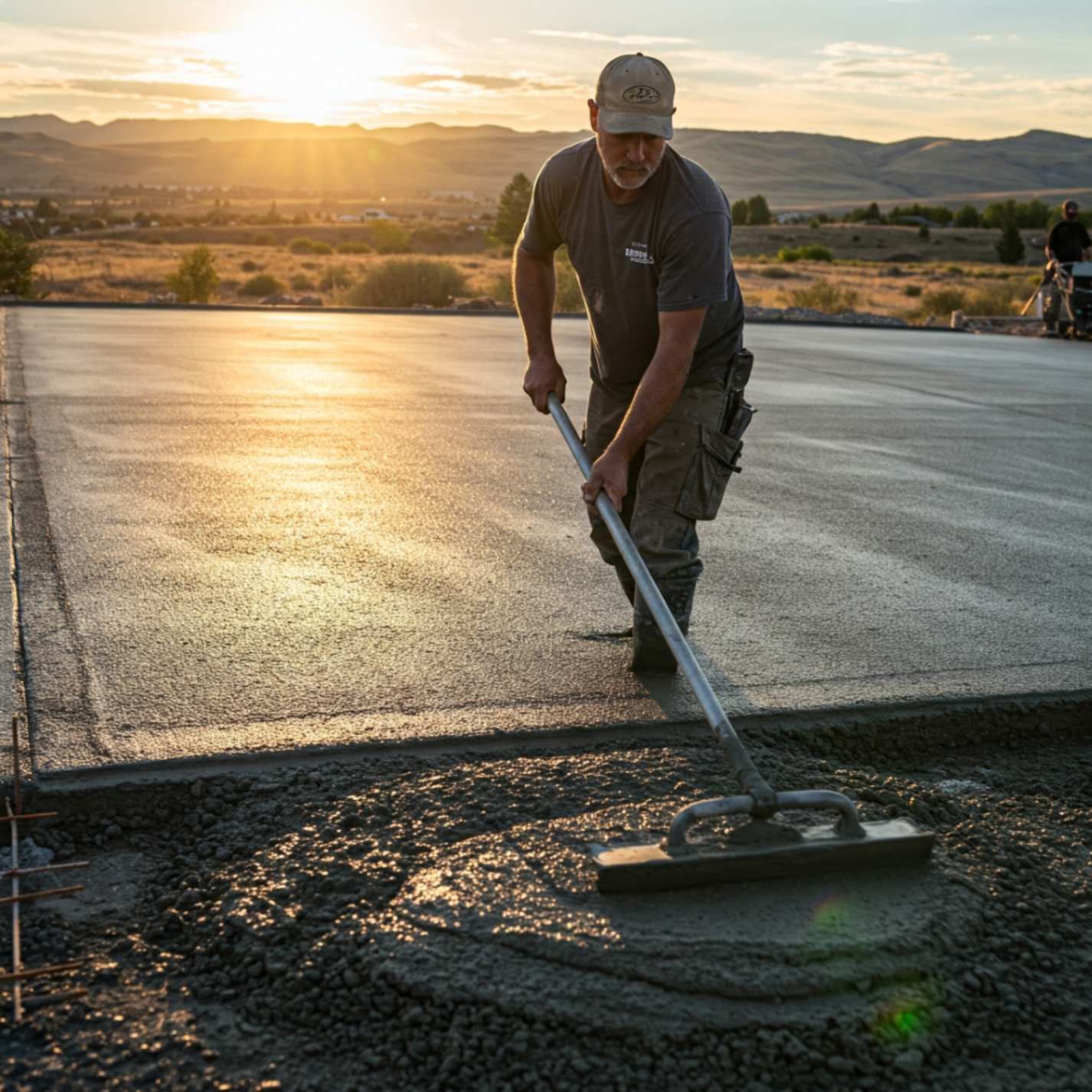 A man is spreading concrete on a road with a broom.
