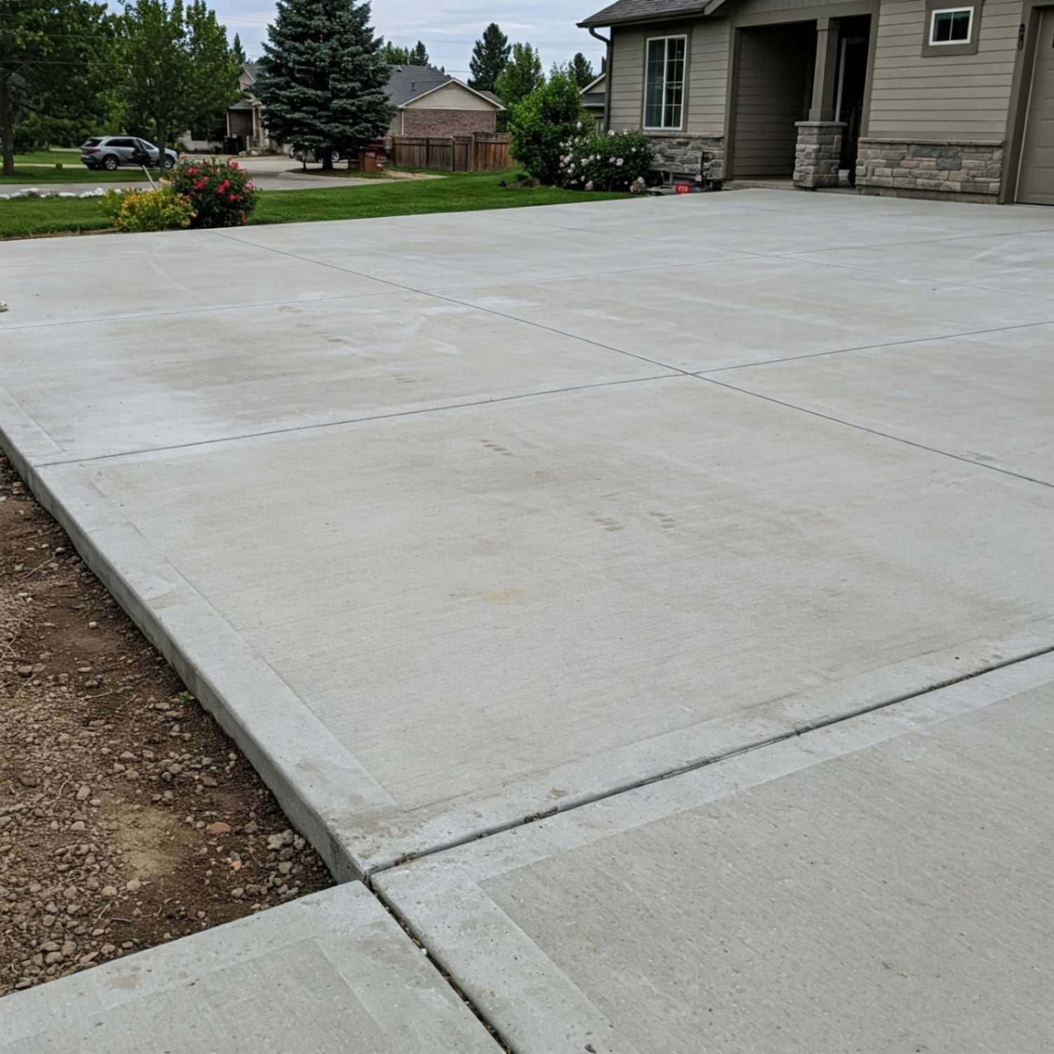 A man is spreading concrete on a road with a broom.