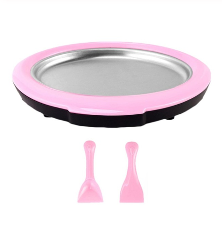 A pink and black ice cream roll maker with a stainless steel surface and two matching pink spatulas.