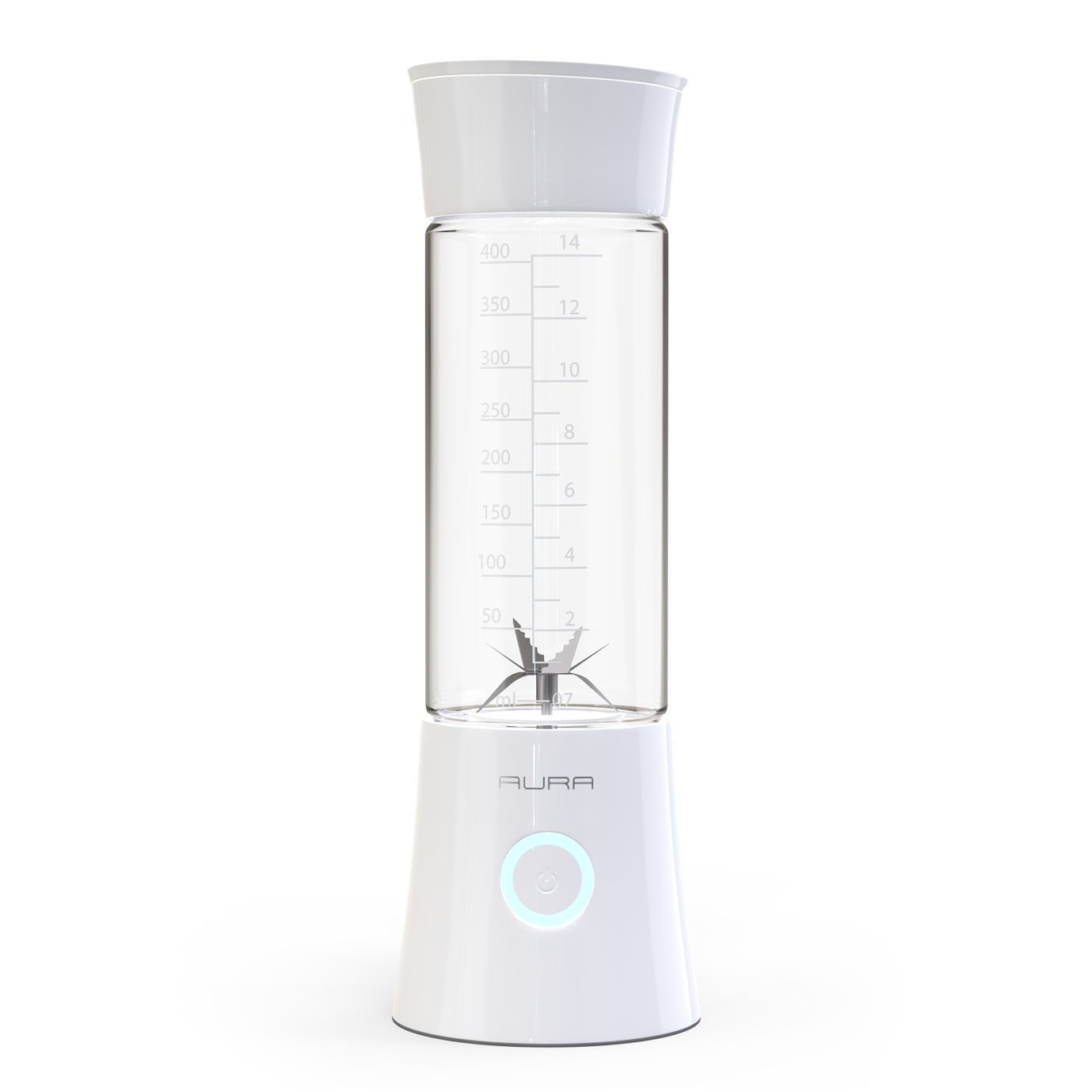 A white portable personal blender with a clear glass jar featuring measurement markings and a glowing power button.
