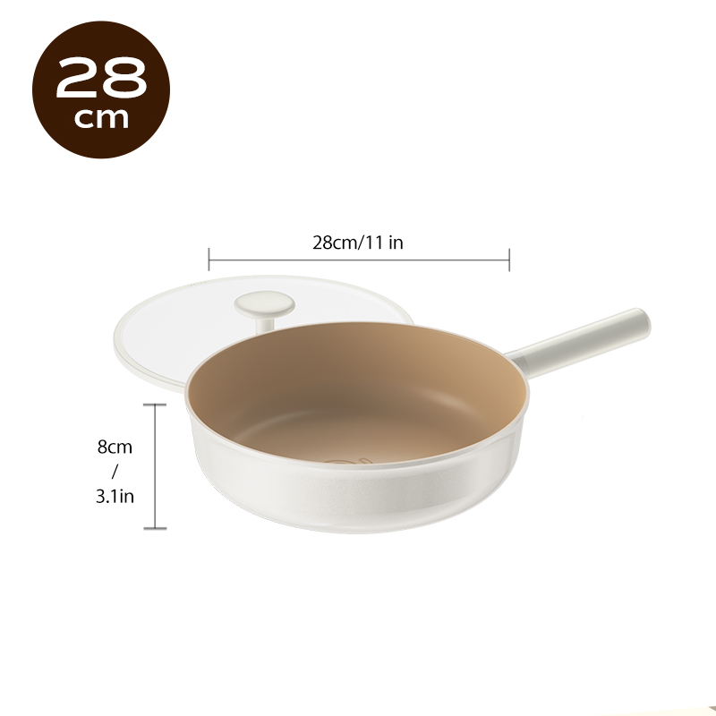 A white, 28cm diameter frying pan with a cream-colored interior and a matching lid, shown with height and width dimensions.
