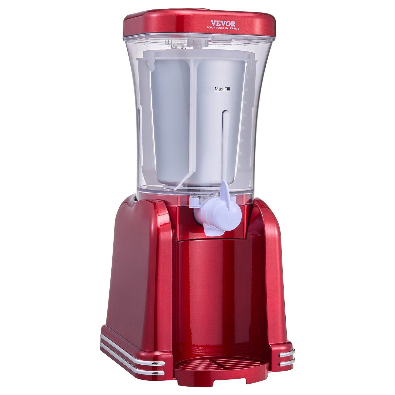 A red VEVOR slushy machine with a clear bowl, central mixing paddle, and front dispenser tap on a drip tray.