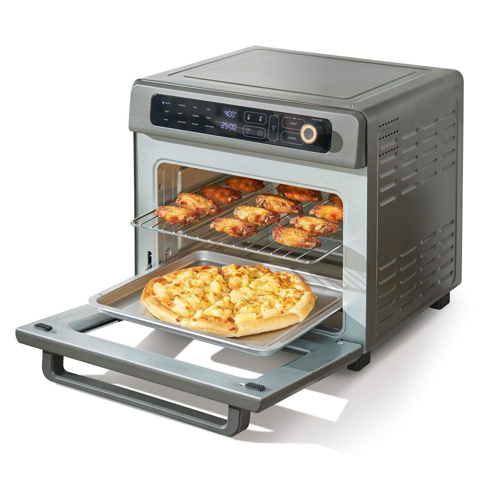 A gray, modern countertop oven with its door open, displaying a tray of pizza and a rack with cooked chicken pieces.