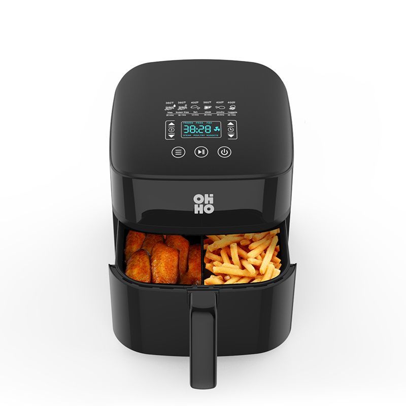 A black, dual-basket air fryer with a digital display shows food being cooked, including fried chicken and French fries.